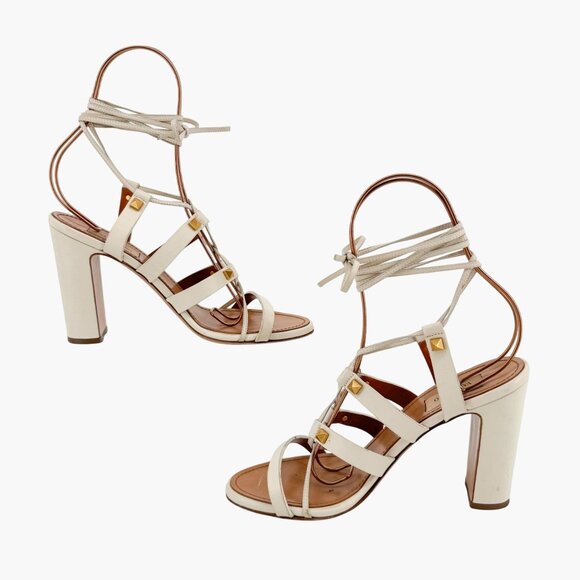 Valentino Garavani Rockstud White Lace Up Gladiator Sandals Heels Size 38 US 8 - Picture 11 of 16